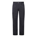 A pair of black work trousers designed for use on construction sites and in industrial work environments.,