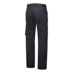 A pair of black work trousers designed for use on construction sites and in industrial work environments.,