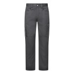 A pair of grey work trousers designed for use on construction sites and in industrial work environments.,