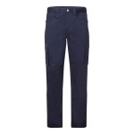 A pair of navy blue work trousers designed for use on construction sites and in industrial work environments.,