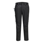 A pair of black work trousers designed for use on construction sites and in industrial work environments.,