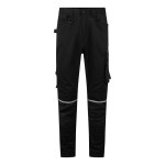 A pair of black work trousers designed for use on construction sites and in industrial work environments.,