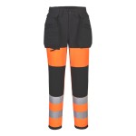 A pair of women's high-visibility orange trousers featuring retroreflective tape panels, stretch panels for ease of movement, suitable for a wide range of outdoor and site work applications.
