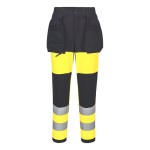 A pair of women's high-visibility yellow trousers featuring retroreflective tape panels, stretch panels for ease of movement, suitable for a wide range of outdoor and site work applications.