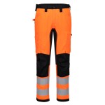 A pair of high-visibility orange trousers featuring retroreflective tape panels, stretch panels for ease of movement, suitable for a wide range of outdoor and site work applications.