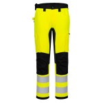 A pair of high-visibility yellow trousers featuring retroreflective tape panels, stretch panels for ease of movement, suitable for a wide range of outdoor and site work applications.
