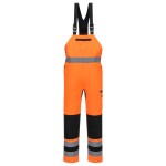 A high-visibility orange bib-and-brace overalls featuring retroreflective tape panels, suitable for a wide range of outdoor and site work applications.
