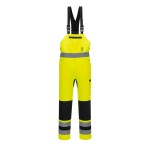 A high-visibility yellow bib-and-brace overalls featuring retroreflective tape panels, suitable for a wide range of outdoor and site work applications.