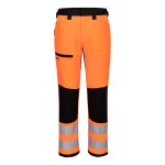 A pair of high-visibility orange trousers featuring retroreflective tape panels, suitable for a wide range of outdoor and site work applications.