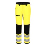 A pair of high-visibility yellow trousers featuring retroreflective tape panels, suitable for a wide range of outdoor and site work applications.