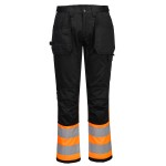 A pair of high-visibility orange trousers featuring retroreflective tape panels, suitable for a wide range of outdoor and site work applications.