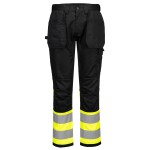 A pair of high-visibility yellow trousers featuring retroreflective tape panels, suitable for a wide range of outdoor and site work applications.