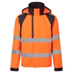 A high-visibility orange waterproof jacket featuring retroreflective tape panels, suitable for a wide range of outdoor and site work applications.