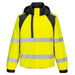 A high-visibility yellow waterproof jacket featuring retroreflective tape panels, suitable for a wide range of outdoor and site work applications.