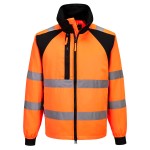 A high-visibility orange jacket featuring retroreflective tape panels, suitable for a wide range of outdoor and site work applications.