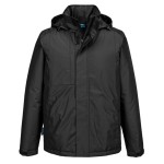 A black jacket designed for use on construction sites and in industrial work environments.,
