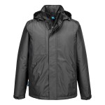A grey jacket designed for use on construction sites and in industrial work environments.,