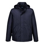 A navy blue jacket designed for use on construction sites and in industrial work environments.,