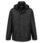A black waterproof jacket designed for use on construction sites and in industrial work environments.,