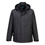 A grey waterproof jacket designed for use on construction sites and in industrial work environments.,