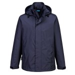A navy blue waterproof jacket designed for use on construction sites and in industrial work environments.,