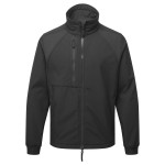 A black workwear garment designed for use on construction sites and in industrial work environments.,