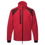 A red workwear garment designed for use on construction sites and in industrial work environments.,