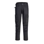 A pair of black work trousers featuring stretch panels for ease of movement, suitable for a wide range of outdoor and site work applications.