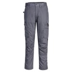 A pair of grey work trousers featuring stretch panels for ease of movement, suitable for a wide range of outdoor and site work applications.