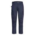 A pair of navy blue work trousers featuring stretch panels for ease of movement, suitable for a wide range of outdoor and site work applications.