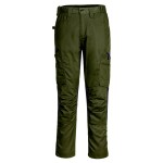 A pair of green work trousers featuring stretch panels for ease of movement, suitable for a wide range of outdoor and site work applications.