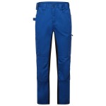 A pair of blue work trousers featuring stretch panels for ease of movement, suitable for a wide range of outdoor and site work applications.