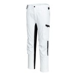 A pair of white work trousers featuring stretch panels for ease of movement, suitable for a wide range of outdoor and site work applications.