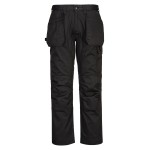A pair of black work trousers featuring stretch panels for ease of movement, suitable for a wide range of outdoor and site work applications.