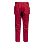 A pair of red work trousers featuring stretch panels for ease of movement, suitable for a wide range of outdoor and site work applications.