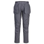 A pair of grey work trousers featuring stretch panels for ease of movement, suitable for a wide range of outdoor and site work applications.