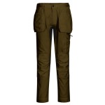 A pair of green work trousers featuring stretch panels for ease of movement, suitable for a wide range of outdoor and site work applications.