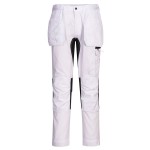 A pair of white work trousers featuring stretch panels for ease of movement, suitable for a wide range of outdoor and site work applications.