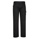 A pair of black work trousers designed for use on construction sites and in industrial work environments.,