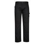 A pair of black work trousers designed for use on construction sites and in industrial work environments.,