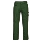 A pair of green work trousers designed for use on construction sites and in industrial work environments.,