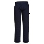 A pair of navy blue work trousers designed for use on construction sites and in industrial work environments.,