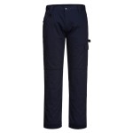 A pair of navy blue work trousers designed for use on construction sites and in industrial work environments.,