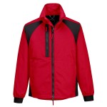 A red jacket featuring stretch panels for ease of movement, suitable for a wide range of outdoor and site work applications.