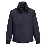 A navy blue jacket featuring stretch panels for ease of movement, suitable for a wide range of outdoor and site work applications.