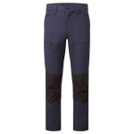 A pair of navy blue work trousers featuring stretch panels for ease of movement, suitable for a wide range of outdoor and site work applications.