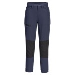 A pair of women's navy blue work trousers featuring stretch panels for ease of movement, suitable for a wide range of outdoor and site work applications.