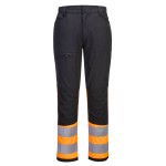 A pair of high-visibility orange trousers featuring retroreflective tape panels, suitable for a wide range of outdoor and site work applications.