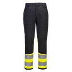 A pair of high-visibility yellow trousers featuring retroreflective tape panels, suitable for a wide range of outdoor and site work applications.
