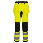 A pair of high-visibility yellow trousers featuring retroreflective tape panels, functional pockets, suitable for a wide range of outdoor and site work applications.